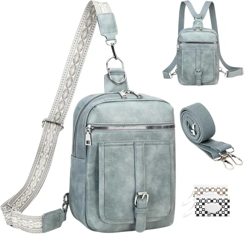 Miniatura 24 de Bolso Bandolera Mochila Cruzada - 2 en 1 Bolso Cruzado de Cuero Riñonera con 2 Correas Extraíbles Mini diaper bag Café