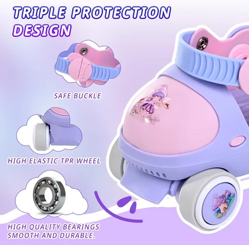 Miniatura 6 de Patines Infantiles Ajustables de Cuatro Ruedas para Niños y Niñas, con Ruedas con Bloqueo para Principiantes, Bebes, Edad de 2 a 6 Años Violeta elfo