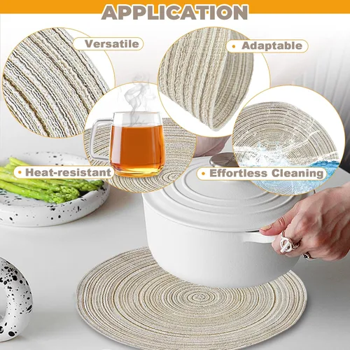 Miniatura 5 de 4 manteles individuales redondos trenzados de 15 pulgadas, lavables, resistentes al calor, manteles individuales de algodón y poliéster para cocina