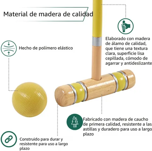 Miniatura 2 de ApudArmis Juego de Croquet para Seis Jugadores con Mazos de Madera de Goma Premium de 28 Pulgadas, Pelota de Colores, Arcos, Estacas – Juego