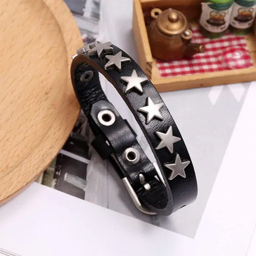 Miniatura 3 de YWMAN 2 pulseras góticas con tachuelas de pentagrama – Pulsera de cuero vintage con estrella – Pulsera de muñeca de roca hebilla joyería