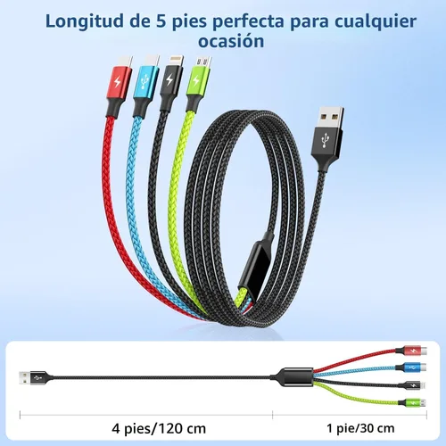Miniatura 8 de Travel Essentials - Cable de carga múltiple [2 unidades de 5 pies], accesorios de automóvil, cables de carga 4 en 1, cable USB, cargador de teléfono