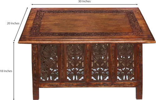 Miniatura 3 de COTTON CRAFT Mesa de centro de madera maciza, mesa central tallada a mano con patas plegables, mesa decorativa para sala de estar, espacios