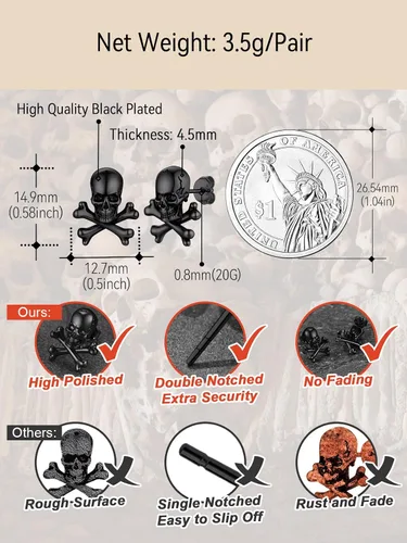 Miniatura 4 de FaithHeart Skull Hoop Earrings for Men SilverBlackGold Stainless Steel Huggie Hoop Earrings Lightweight Hypoallergenic Earrings for Sensitive Ears