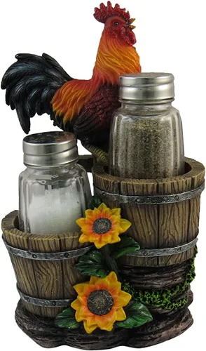 DWK Sunrise Seasonings - Juego de salero y pimentero de 3 piezas de gallo de granja, recargable, tarros de cristal para sal y pimienta, novedoso