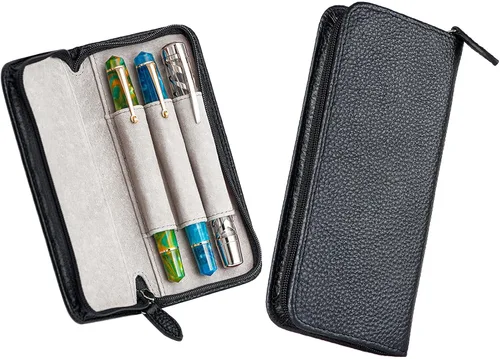 Miniatura 8 de Lanxivi Funda de piel auténtica para pluma estilográfica con 3 ranuras divididas, color negro, estuche con cremallera para bolígrafo, soporte