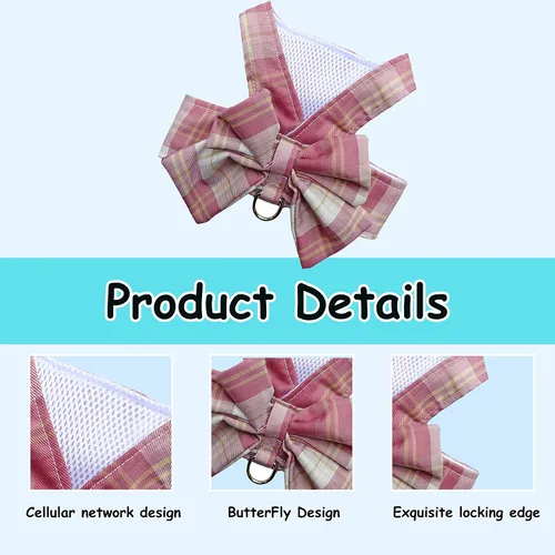 Miniatura 2 de Juego de Vestido a Cuadros para Perro con Corbatín, Arnés y Correa, Ropa para Perro Vestido de Arnés con Anilla para Correa para Perros Pequeños Rosa