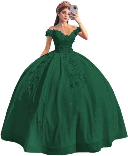 Youjiayi Vestidos de quinceañera florales 3D para mujer, vestidos largos de tul hinchados, vestidos de baile de graduación con hombros descubiertos