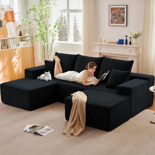 Miniatura 35 de Sofá modular de 95 pulgadas con otomana, moderno sofá nube de pana con asiento profundo, sofá sin hueso tapizado de 3 plazas en forma de U para sala