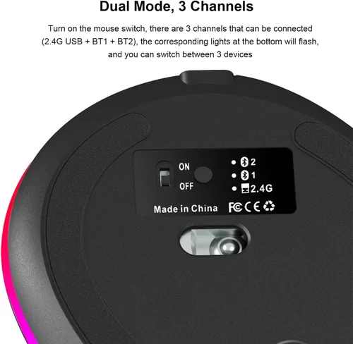 Miniatura 5 de Ratón vertical inalámbrico ergonómico Bluetooth, conexión de 3 dispositivos (BT1/BT2 + USB de 2.4 G), RGB 3200 DPI tipo C recargable portátil