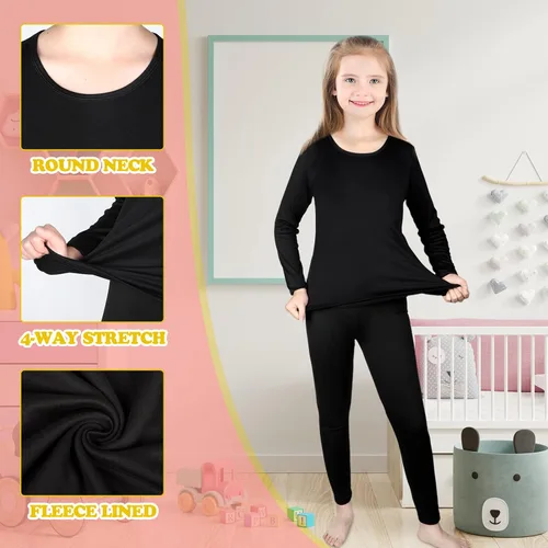 Miniatura 5 de Conjunto de 3 ropa interior térmica para niñas, suave, largo, para invierno, parte superior e inferior con forro polar y capa base para niñas