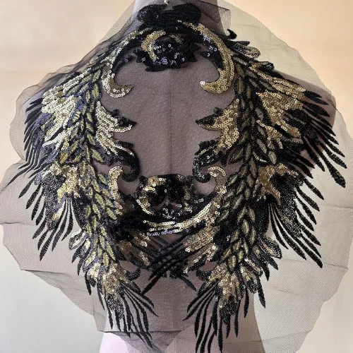 Spakling negro con lentejuelas doradas apliques espejo par alas de ángel apliques parche de encaje para vestido de fiesta