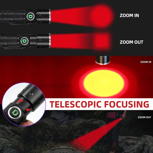 Miniatura 3 de DARKDAWN Linterna de Luz Roja Recargable USB, Mini Linternas LED de Luz Roja Enfoque Ajustable, Linterna Portátil con Clip de Bolsillo para Pesca