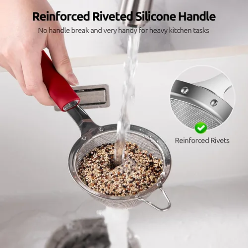 Miniatura 4 de U-Taste Colador pequeño de malla fina: 18/8 de acero inoxidable, 8,5 cm, 30 malla, colador de cocina de malla fina con asa de silicona remachada (4)