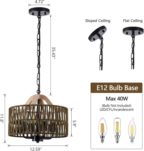 Miniatura 6 de Lámpara antigua para comedor, lámpara colgante de ratán de 4 luces con pantalla de tambor, luz colgante de techo de mimbre tejida ajustable, lámpara