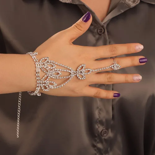 Miniatura 2 de YERTTER Pulsera de plata con cadena de mano de diamantes de imitación para mujer, arnés de boda, novia, pulsera de cristal, accesorios de mano