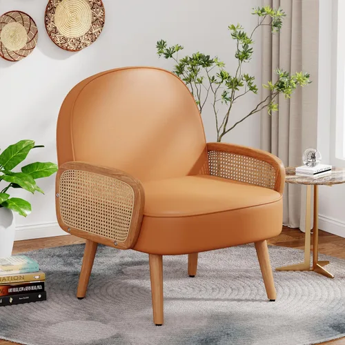 Miniatura 9 de Aklaus Silla decorativa moderna de mediados de siglo con brazos de ratán, tapizada de ratán, silla bohemia para sala de estar, dormitorio, balcón