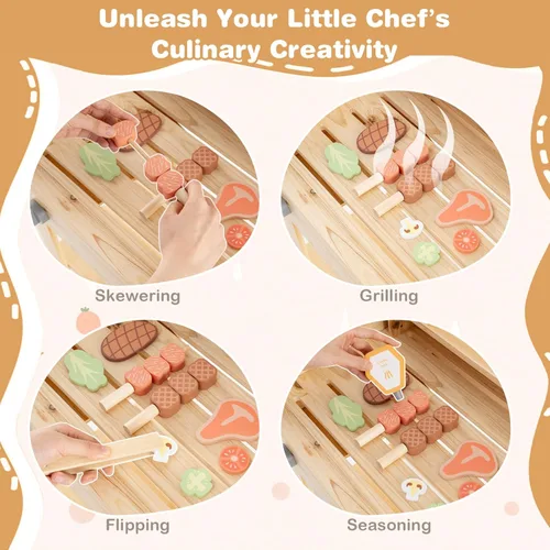 Miniatura 3 de Costzon Juego de parrilla para niños con ruedas, juego de parrilla de madera para niños con comida de juego, herramientas de parrilla y accesorios
