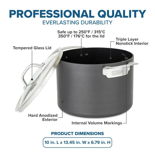 Miniatura 4 de Viking Olla antiadherente, 8 cuartos de galón anodizada dura olla de sopa antiadherente con tapa de vidrio, gris
