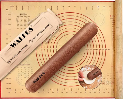 Walfos Juego de Rodillos Pequeños - Rodillos Pequeños de Madera Natural (8 pulgadas) con Alfombrilla Antiadherente de Fibra de Silicona para