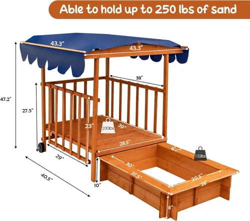 Miniatura 6 de Costzon Caja de Arena Retráctil para Niños con Toldo, Casa de Juegos Cabaña de Madera de Cedro con Área de Juego Grande, Ruedas Traseras