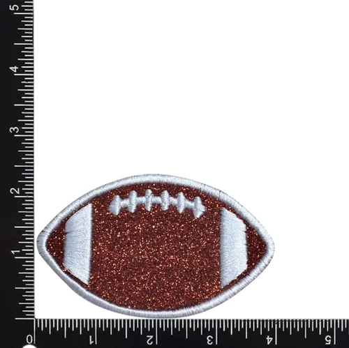 Miniatura 2 de Balón de fútbol con purpurina marrón, contorno/puntadas blancas, bordado, parche para planchar (2 pulgadas)
