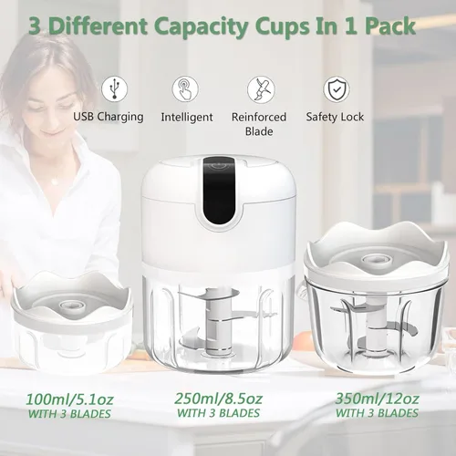 Miniatura 2 de Mini triturador eléctrico de ajo blanco de 3 tazas, triturador de alimentos eléctrico portátil recargable por USB, procesador de cocina pequeño