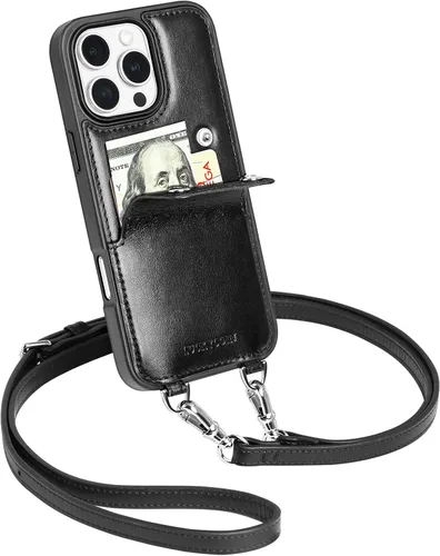 Miniatura 22 de LUCKYCOIN Funda tipo cartera cruzada para iPhone 14 Pro, funda de piel auténtica con protección contra caídas para mujer, con tarjetero expandible