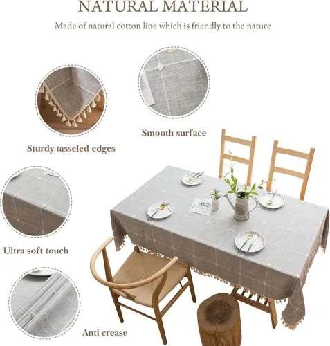 Miniatura 2 de Pahajim Mantel rectangular de lino rústico de algodón para cocina, comedor, con borlas, a cuadros, impermeable, rectangular, 55 x 71 pulgadas, 4-6