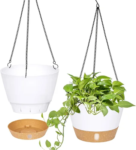 Miniatura 13 de QCQHDU Paquete de 2 macetas colgantes de 10 pulgadas para plantas de interior y exterior, cestas colgantes macetas de flores con bandeja de depósito