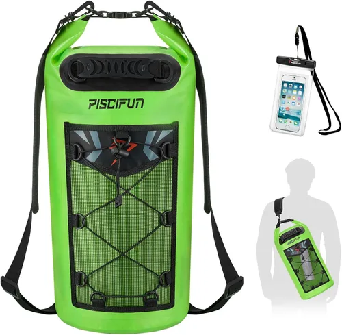 Piscifun Bolsa seca, mochila flotante impermeable 10L/20L/30L/40L con funda impermeable para teléfono para navegación, kayak, pesca Verde claro