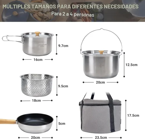 Miniatura 2 de KingCamp Juego de utensilios de cocina de acero inoxidable 304 ollas de cocina para fogata y hervidor de agua con bolsa de viaje para acampar al