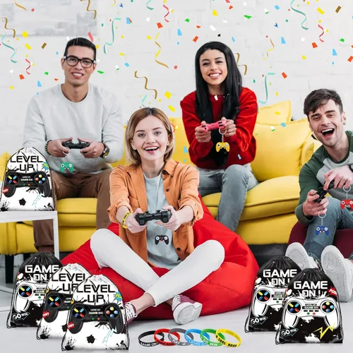Miniatura 7 de Nosiny 72 bolsas con cordón para fiestas de videojuegos, bolsas con cordón, bolsa de regalo para juegos, pulseras de silicona, llavero, recompensas