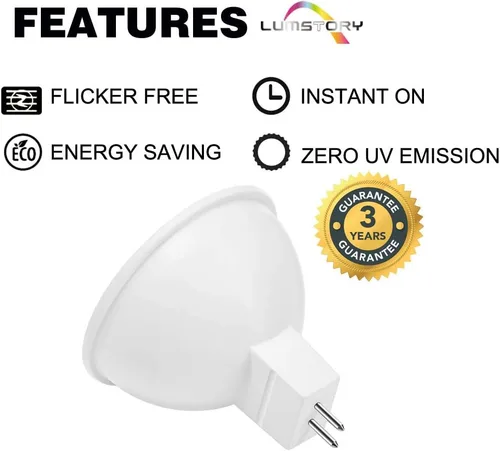 Miniatura 4 de LumStory Bombilla LED MR16 Bipin de 12 V, 3000 K, blanco cálido, 50 W, reemplazo halógeno, GU5.3, 5 W, 450 lm, ángulo de haz de inundación de 40