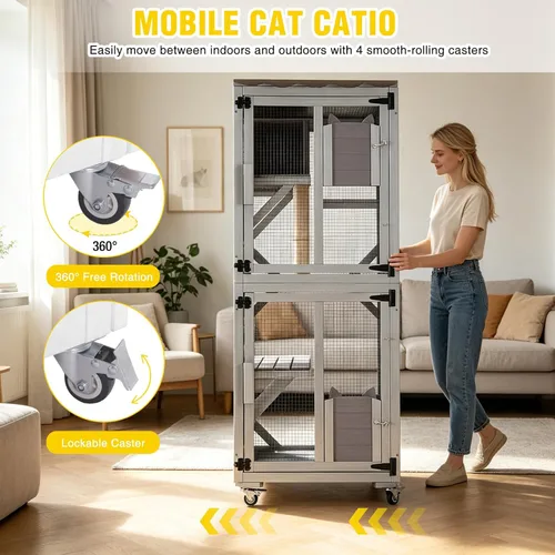 Miniatura 2 de Aivituvin Catio - Caja para gatos con ruedas, casa para gatos al aire libre con techo resistente a la intemperie, 3 plataformas, jaula portátil