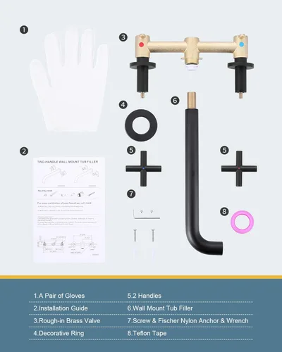 Miniatura 7 de ARCORA - Llenador de bañera de montaje en pared, negro mate, grifo de bañera de largo alcance, 2 asas cruzadas, grifo de bañera montado en la pared