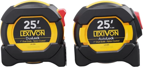 LEXIVON [Paquete de 2] Cinta métrica de 25 pies/7,5 m, DuaLock y AutoLock | Hoja de 1 pulgada de ancho con revestimiento de nailon, acabado mate