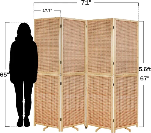Miniatura 2 de Olela Divisor de habitación plegable de 4 paneles, pantalla de bambú de 5.6 pies de alto con patas de soporte giratorias, pantalla de madera