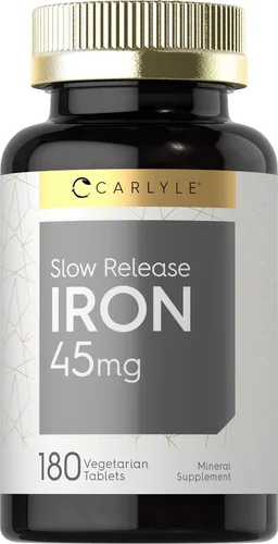 Carlyle Hierro de liberación lenta de 45 mg | 180 tabletas | Suplemento mineral de sulfato ferroso | para hombres y mujeres | Fórmula vegetariana,