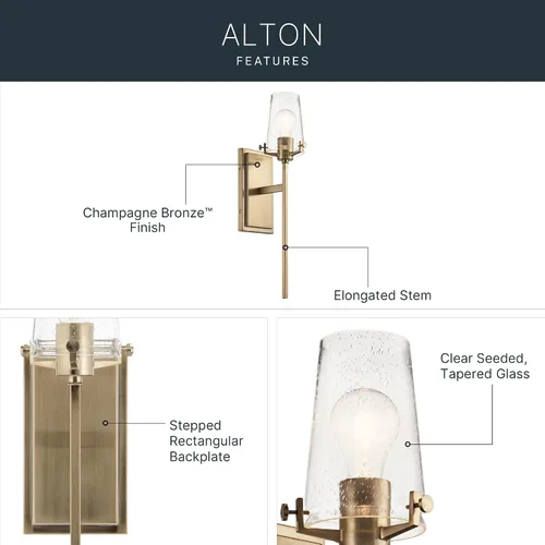 Miniatura 3 de Kichler, Aplique de pared Alton de 22.25 pulgadas con 1 luz, vidrio esmerilado transparente en bronce champán para pasillo, entrada, baño y tocador