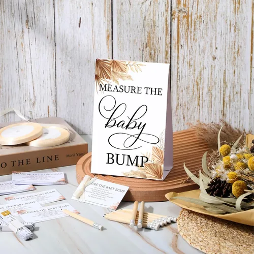 Miniatura 5 de Fumete Juego de 65 piezas para baby shower, incluye letrero bohemio de medir la protuberancia del bebé, 50 tarjetas de adivinanzas, 10 lápices, 2