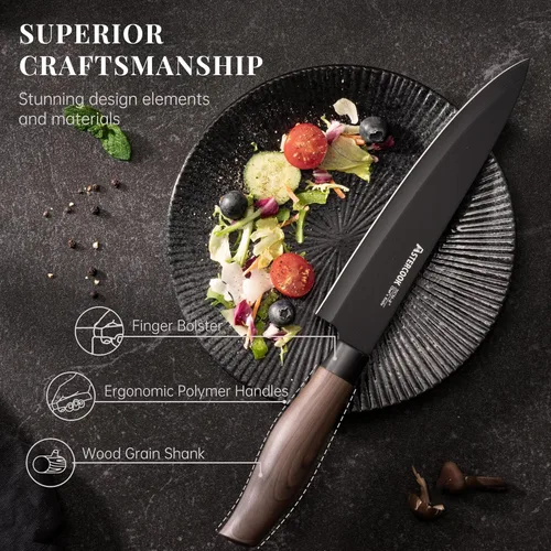 Miniatura 5 de Astercook Juego de cuchillos de cocina de 6 piezas con bloque, cuchillos de cocina ultra afilados de acero inoxidable de alto carbono, mango de Negro