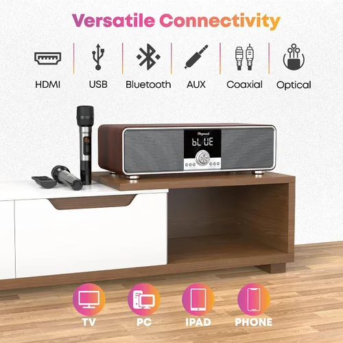 Miniatura 4 de Máquina de karaoke con 2 micrófonos UHF, subwoofer, barra de sonido de audio para cine en casa, compatible con óptico/Bluetooth/AUX/USB/PC, máquina