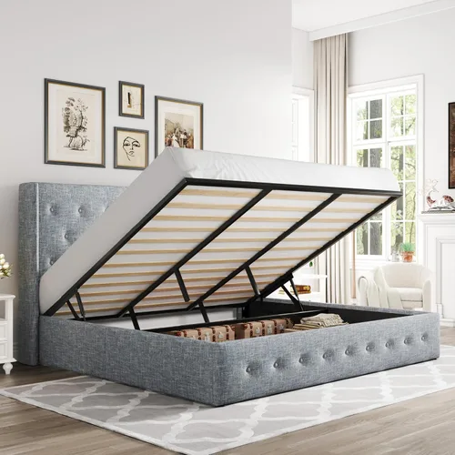 Miniatura 14 de Allewie Cama de Almacenamiento Elevable Tamaño Completo, Cabecero Capitonado con Botones con Respaldo de Ala, Soporte Hidráulico, No Necesita Gris