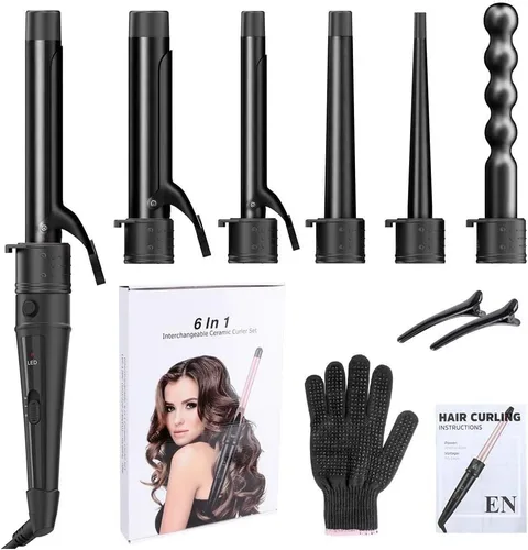 Miniatura 7 de Rizador 6 en 1 para cabello largo y corto, coeficiente de temperatura positivo, de cerámica, con temperatura ajustable y voltaje dual, con guante