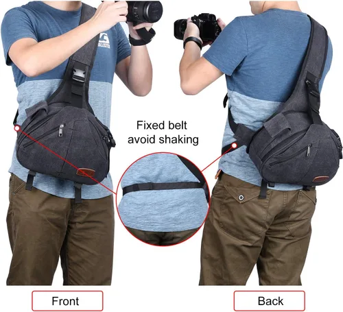Miniatura 7 de S-ZONE Bolso bandolera de lona para cámara DSLR lente antirrobo mochila bandolera con soporte para trípode
