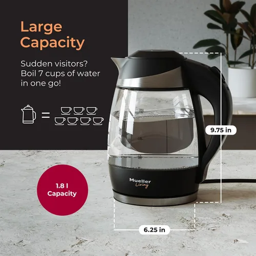 Miniatura 2 de Mueller Living Glass Kettle 1.5L 1500W - Tetera eléctrica con luz LED, apagado automático con tecnología SpeedBoil y protección contra hervir