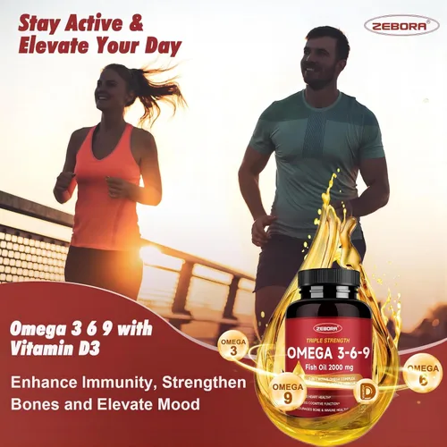 Miniatura 6 de ZEBORA Triple Omega 3-6-9 - Aceite de pescado de 2000 mg - Alta potencia con vitamina D3 y astaxantina, apoyo para la salud cardíaca, cerebral e