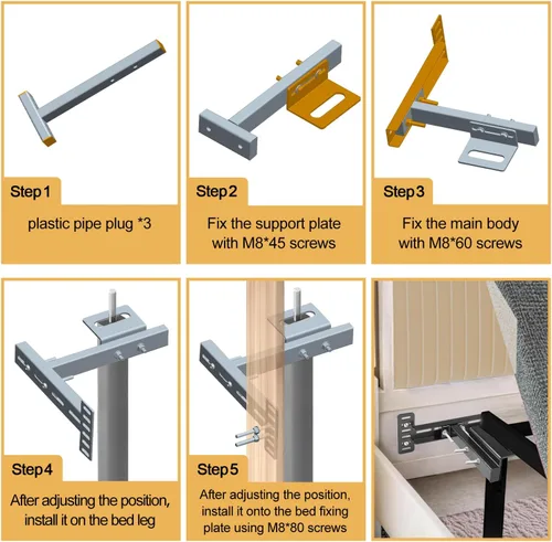 Miniatura 6 de Paquete de 2 soportes de cabecera ajustables para base de cama, kit de soportes de cabecera de metal para marco de cama, kit de extensión de estribo