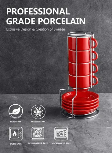 Miniatura 9 de SWEESE - Tazas de porcelana apilables, de 8 onzas, con platillos y soporte de metal, para bebidas especializadas del café, capuchino, latte, Rojo